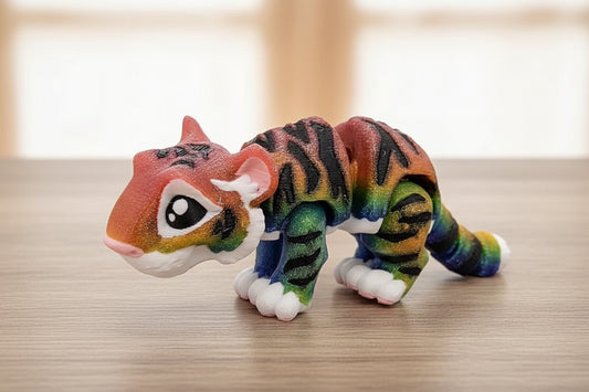 glitter rainbow mini tiger toy on a wooden surface