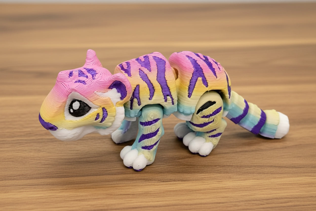 rainbow mini tiger toy on a wooden surface