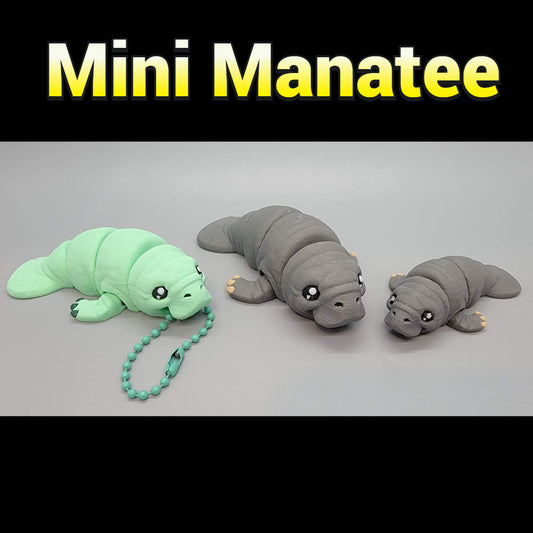 Three mini manatee plush toys on a gray background with 'Mini Manatee' text above.