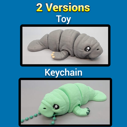 Two versions of a manatee toy with keychain attachment on a blue background.