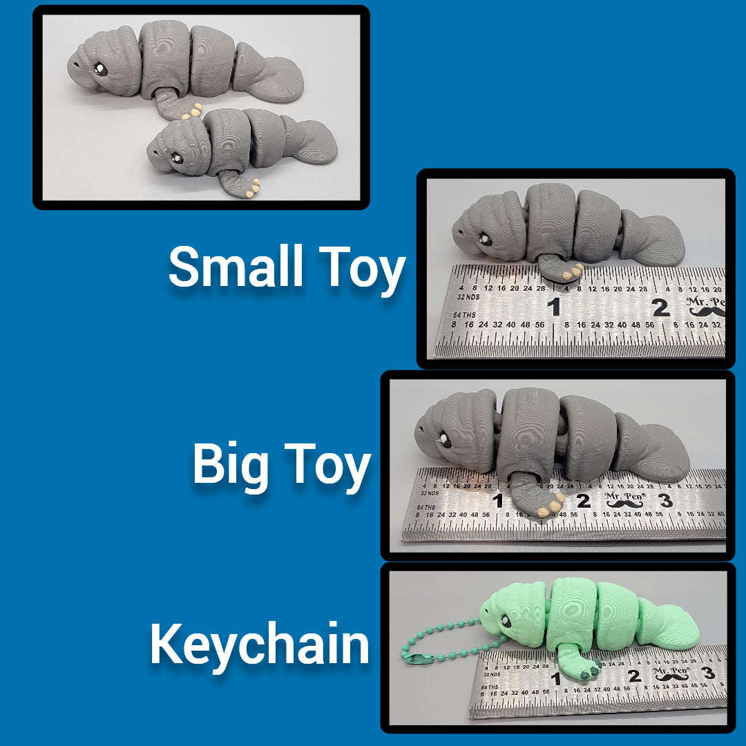 Comparison of small, big, and keychain versions of manatee toys with a green keychain on a blue background.