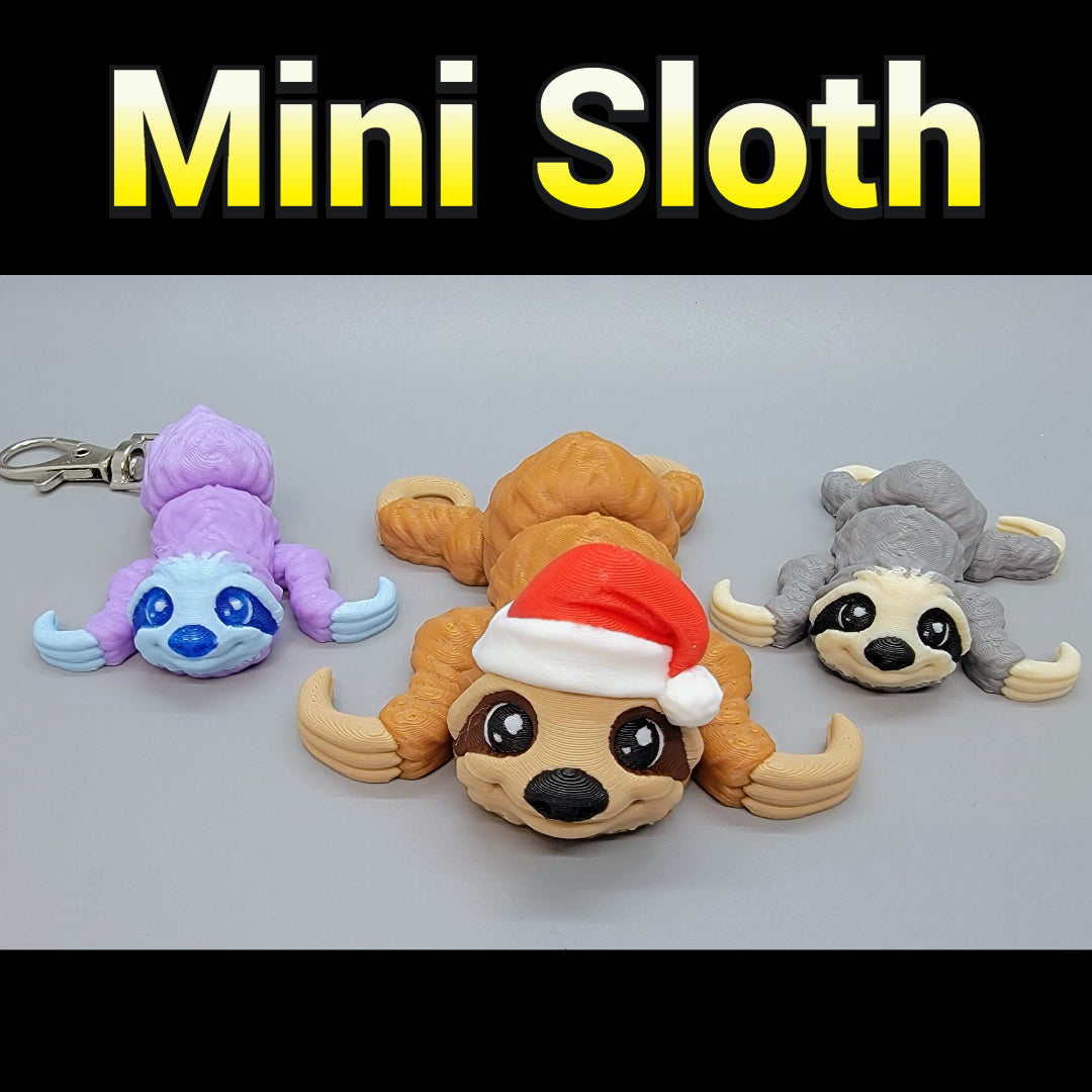 Three mini sloth keychains on a gray background with 'Mini Sloth' text above.