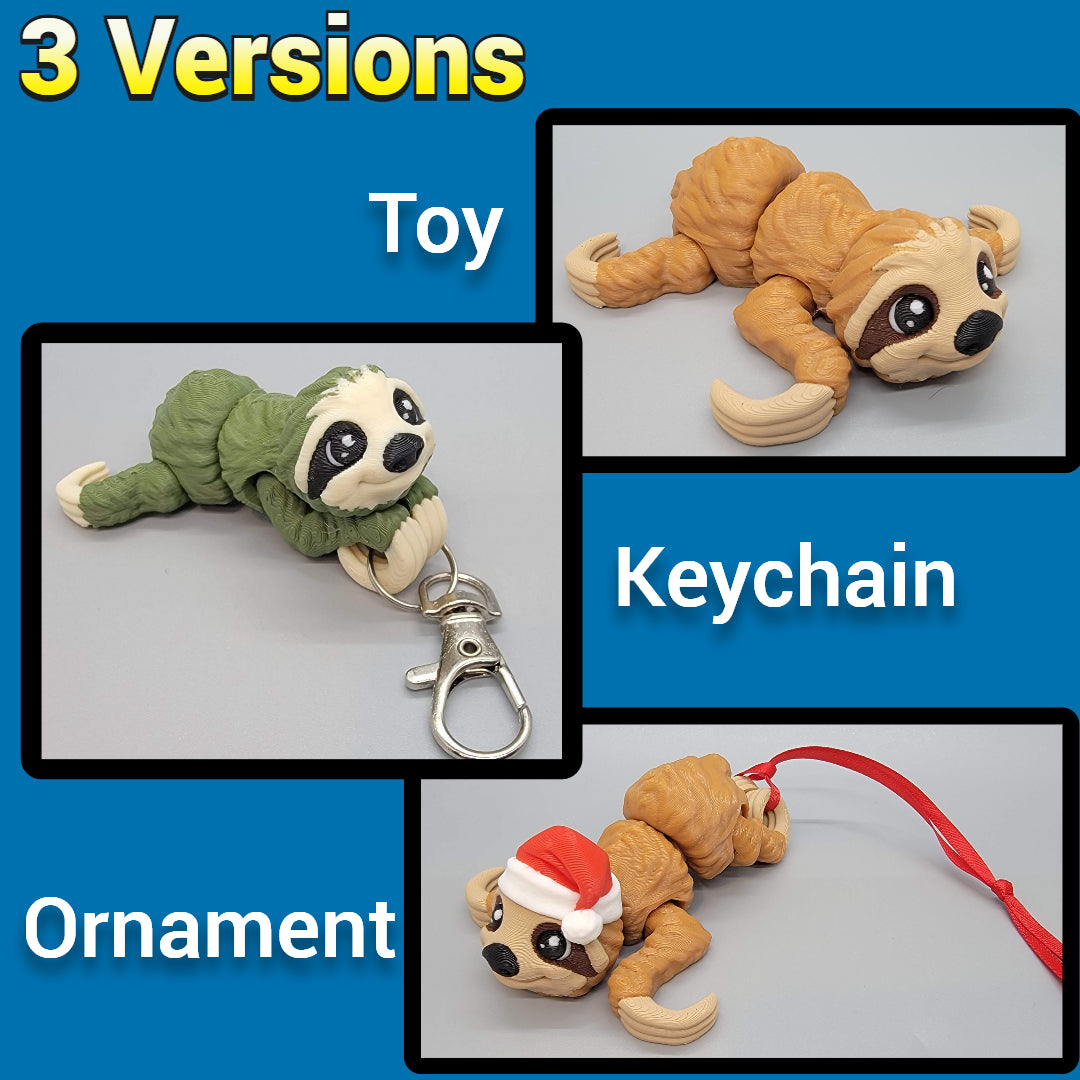 Three versions of a sloth toy, keychain, and ornament on a blue background.
