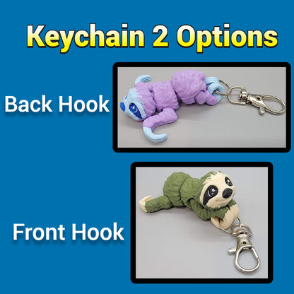 Two keychain options with back and front hooks on a blue background.