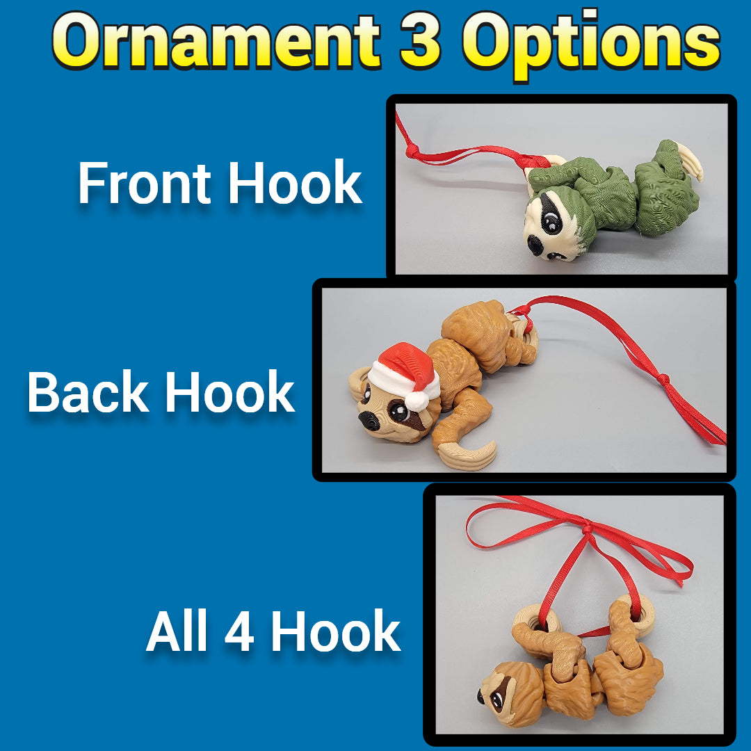 Three different hanging ornaments with front, back, and all four hooks displayed on a blue background.