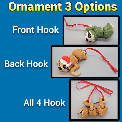 Three different hanging ornaments with front, back, and all four hooks displayed on a blue background.