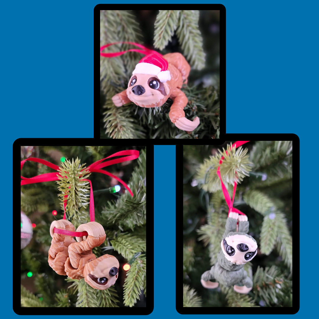 sloth ornaments on a Christmas tree with a blue background
