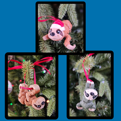 sloth ornaments on a Christmas tree with a blue background