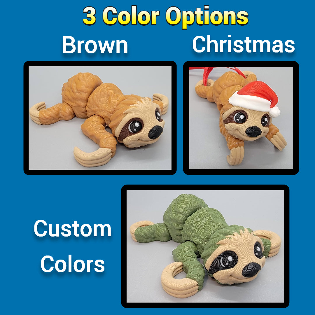 Three sloth toys with different color options displayed on a blue background.