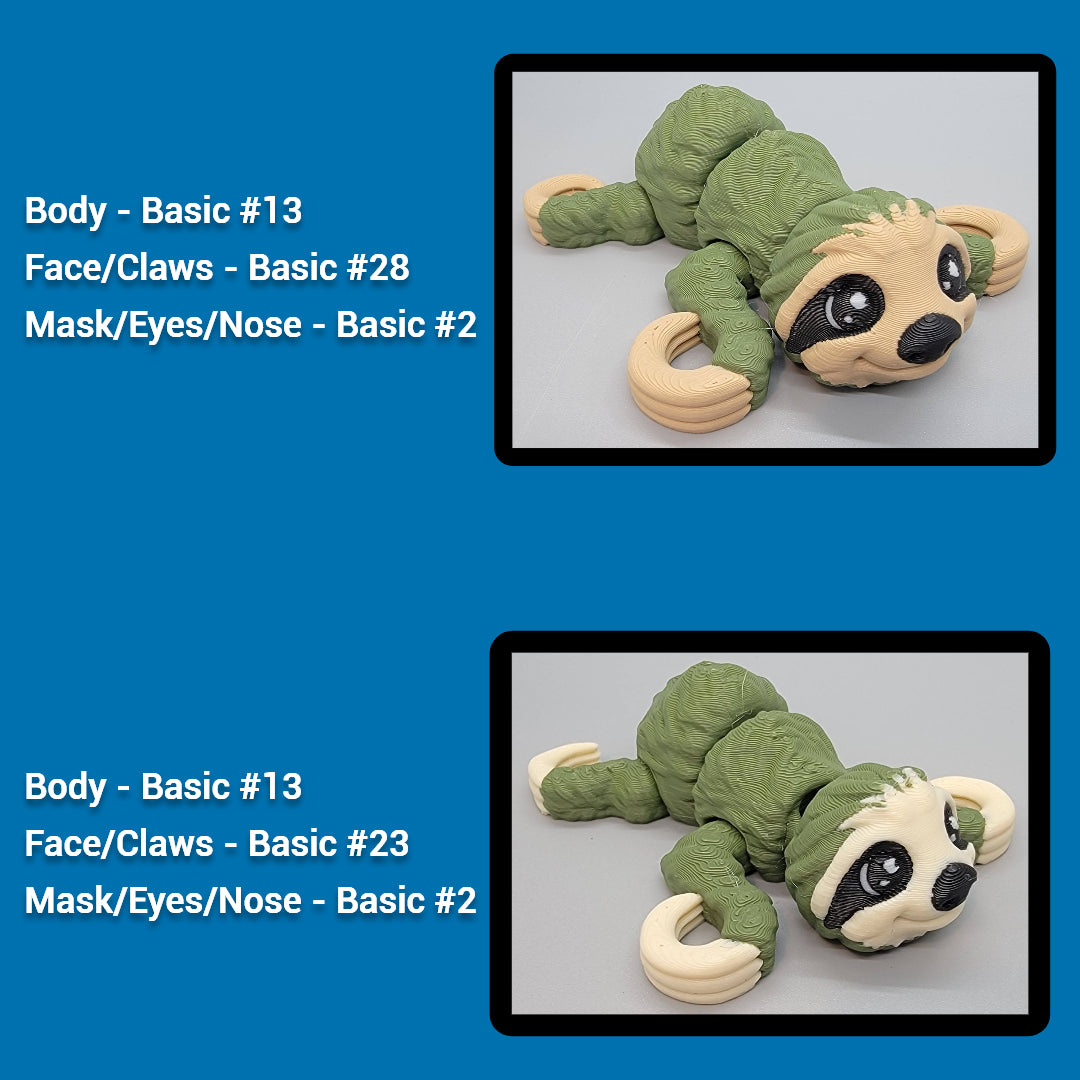 Two images of a green sloth toy with different face and mask options on a blue background.