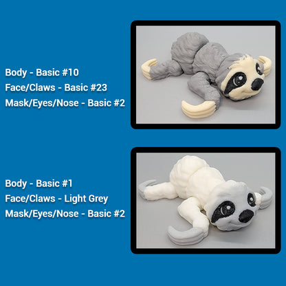 Two images of a toy sloth with color code labels on a blue background.