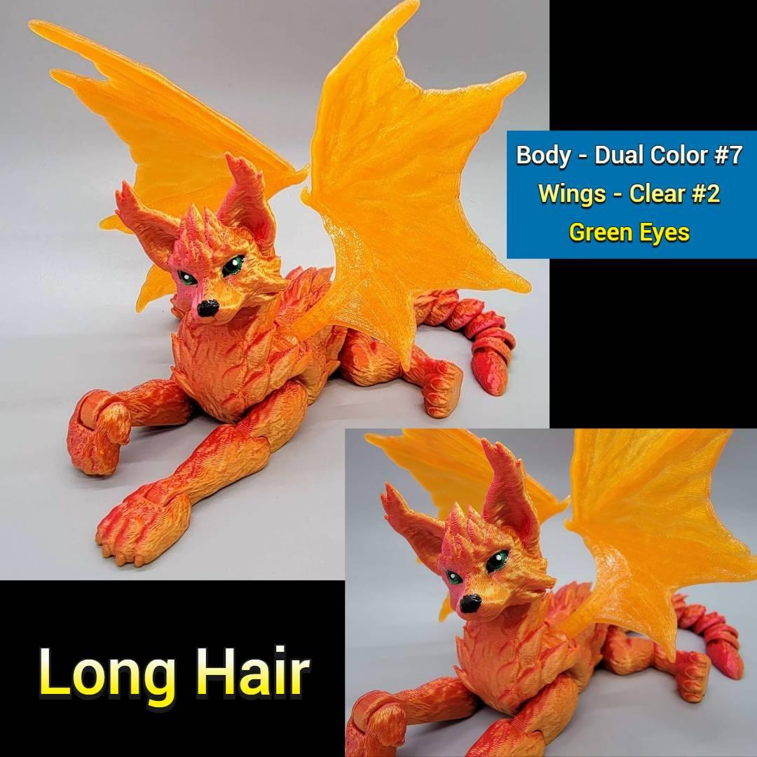 Long hair Cat Dragon with orange Dual Color #7 body, translucent Clear #2 wings, and green eyes – 3D printed articulated figure.