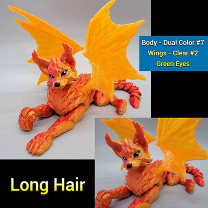 Long hair Cat Dragon with orange Dual Color #7 body, translucent Clear #2 wings, and green eyes – 3D printed articulated figure.