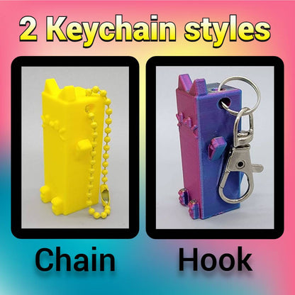 Pixel Kitty Keychains shown in two attachment styles – yellow chain style and rainbow hook style with metal clasp for easy use.
