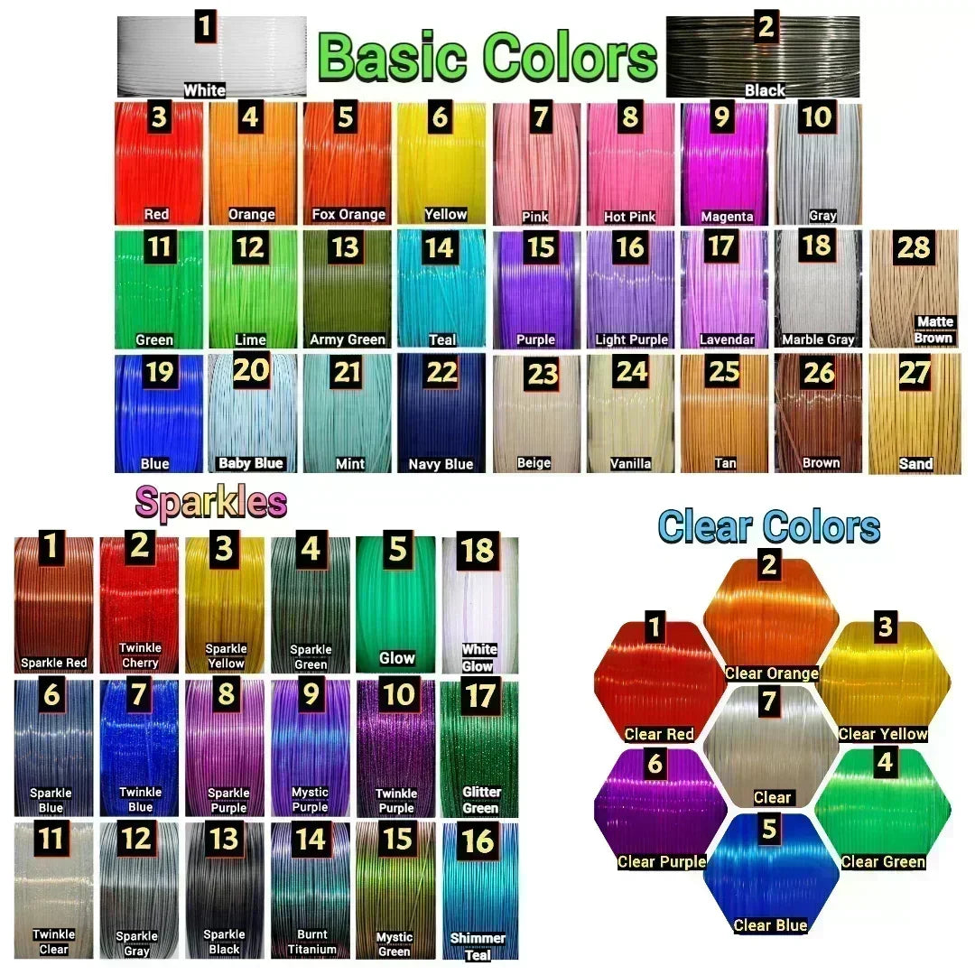 Filament color chart for 3D prints showing Basic, Sparkle, and Clear color options – includes labeled swatches with over 50 vibrant shades.