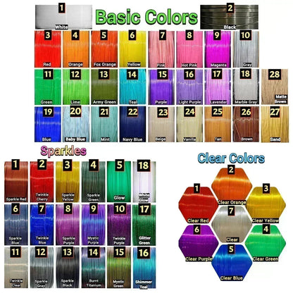 Filament color chart for 3D prints showing Basic, Sparkle, and Clear color options – includes labeled swatches with over 50 vibrant shades.