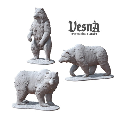 Bear miniatures in three poses for tabletop games and forest terrain setups. Great for RPG encounters or wargaming scenery.