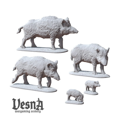Wild boar family miniatures set by Vesna Wargaming Scenery, featuring adult and juvenile pigs for forest or rural TTRPG terrain.