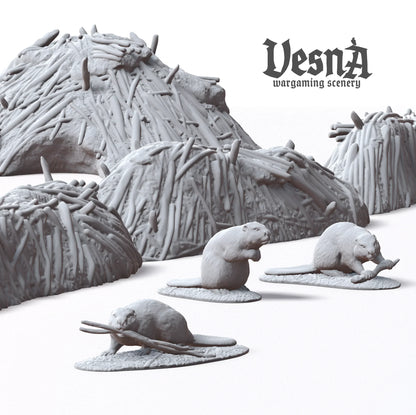 Beaver miniatures with log piles and dam terrain for tabletop forest encounters and wargaming scenery builds.