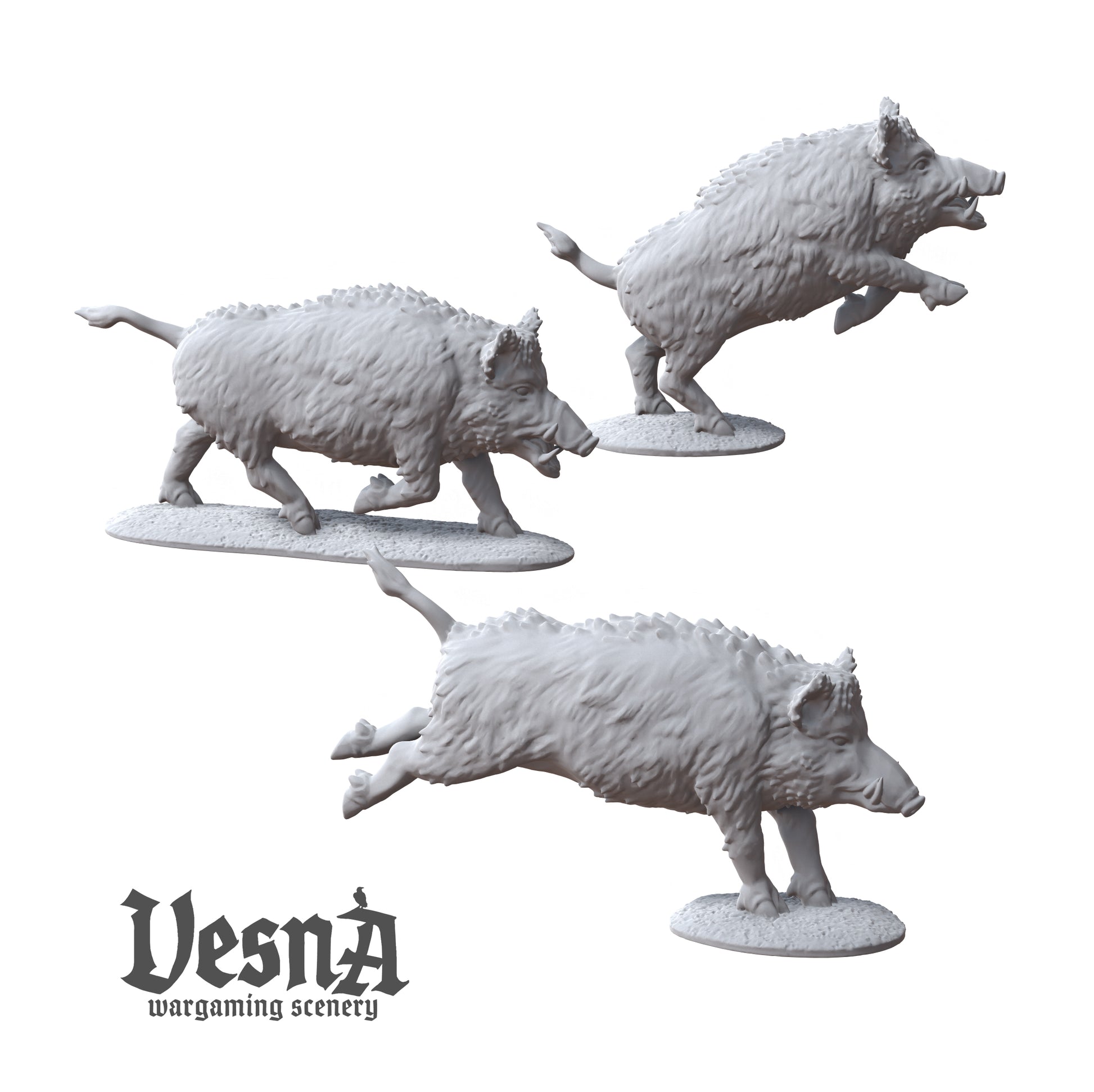 Three aggressive charging wild boar resin miniatures sculpted by Vesna Sculpts.