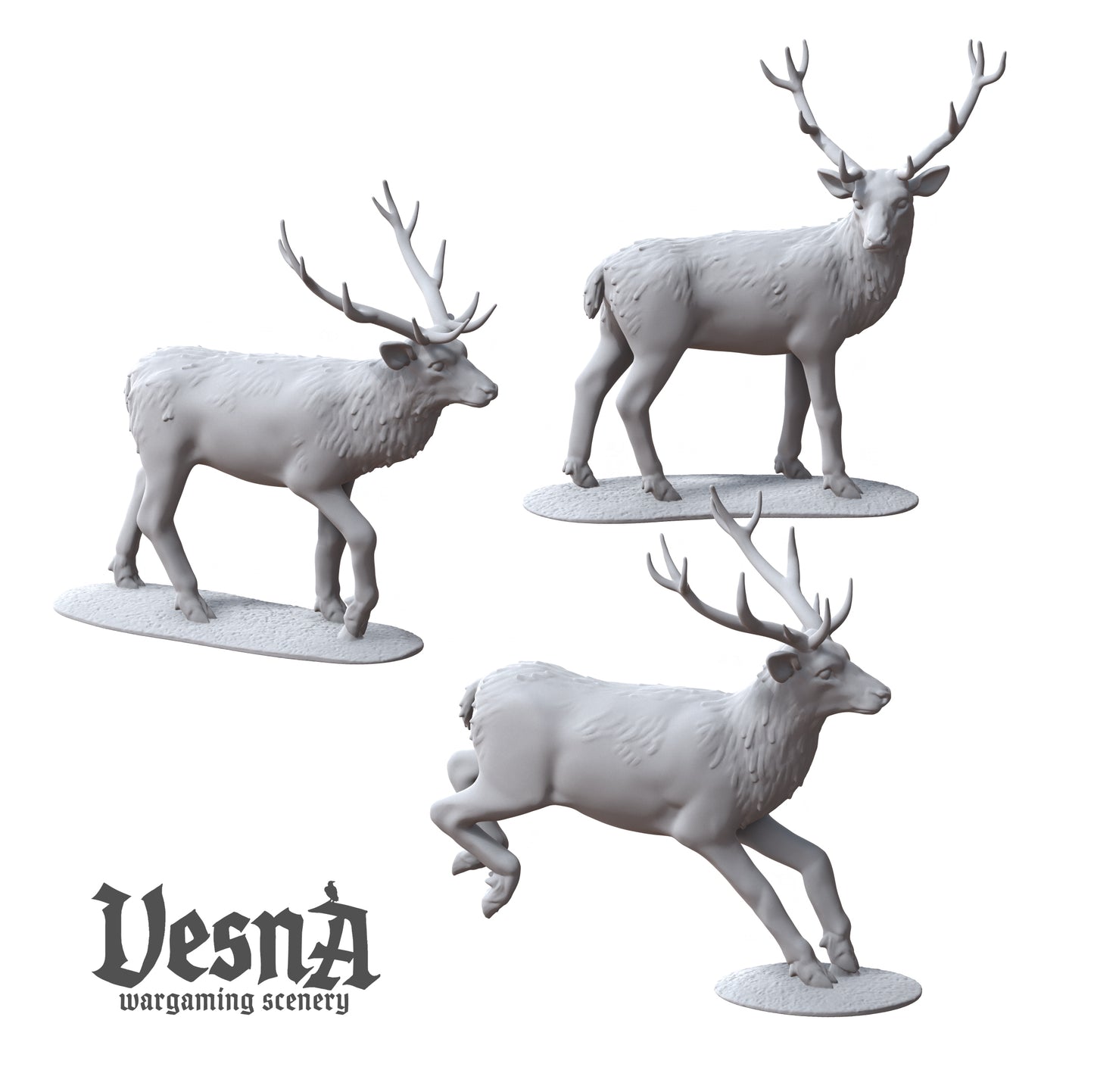 Three majestic red deer stag resin miniatures sculpted by Vesna Sculpts.