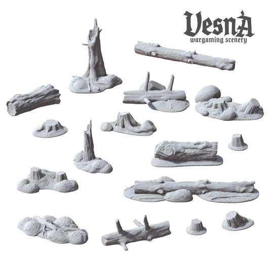 15 piece forest scatter terrain resin set including logs and tree stumps sculpted by Vesna Sculpts.