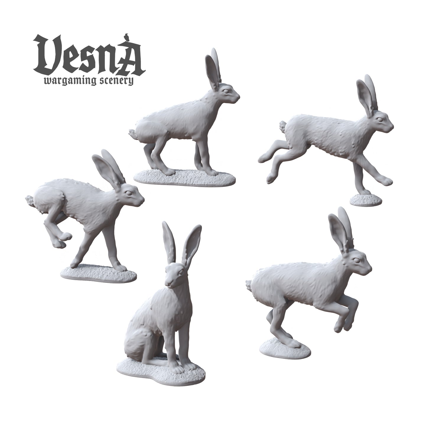 Set of 5 unique resin hare miniatures in natural poses by Vesna Wargaming Scenery.
