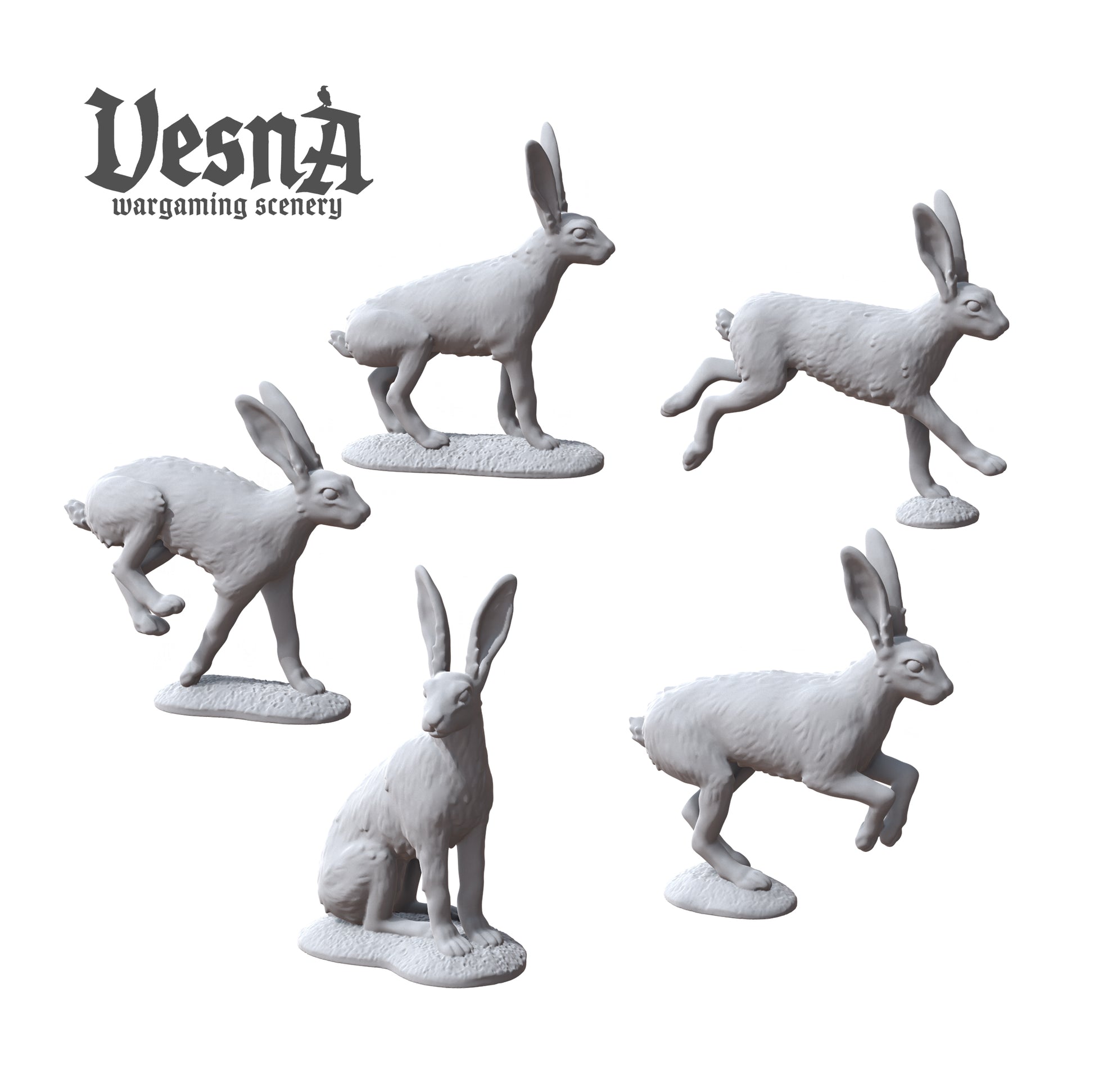 Set of 5 unique resin hare miniatures in natural poses by Vesna Wargaming Scenery.