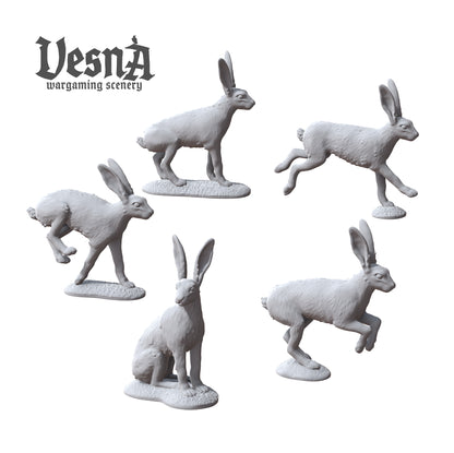 Set of 5 unique resin hare miniatures in natural poses by Vesna Wargaming Scenery.
