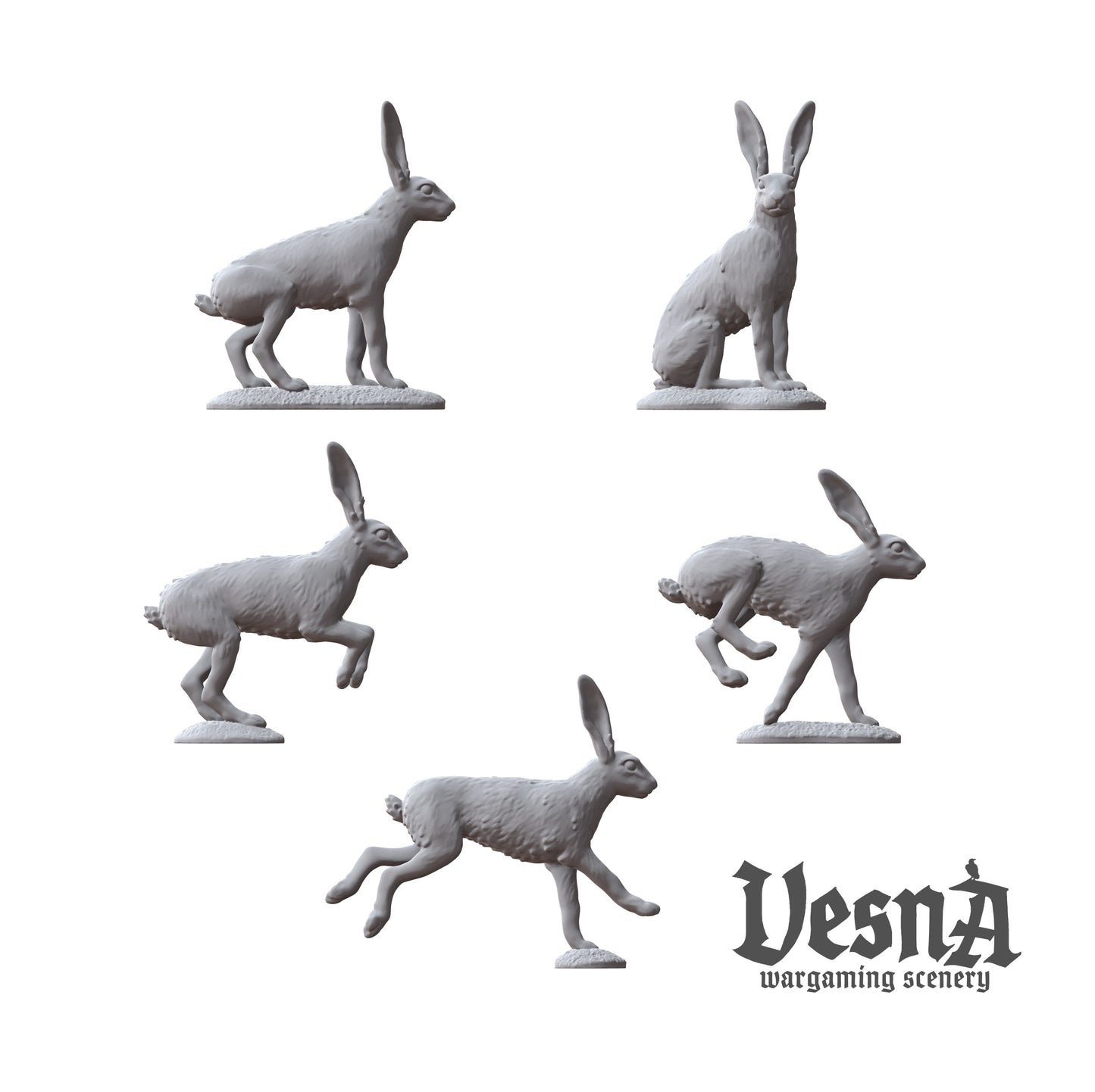 Detailed view of five individual rabbit miniature sculpts including alert and sprinting poses.