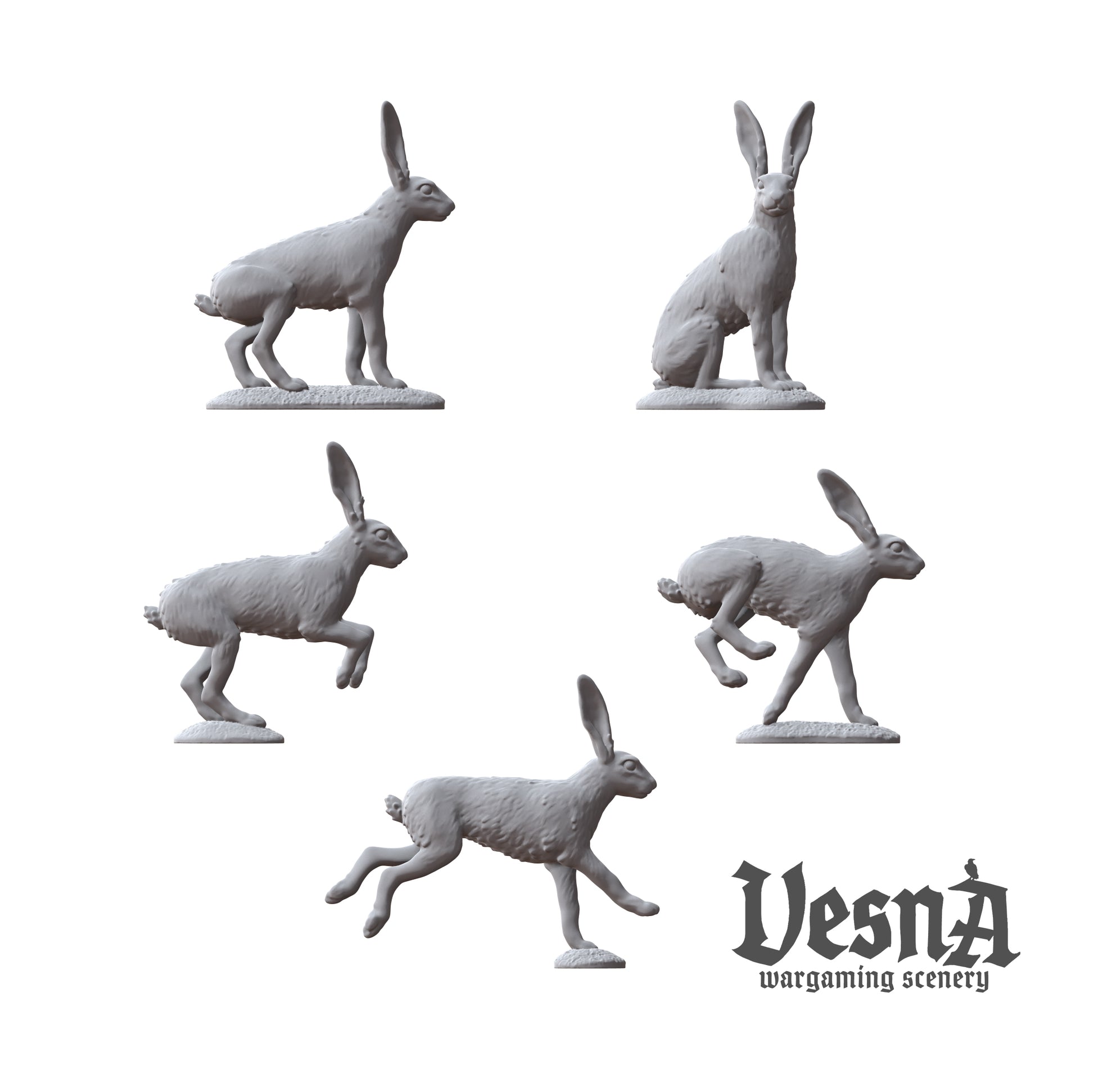 Detailed view of five individual rabbit miniature sculpts including alert and sprinting poses.