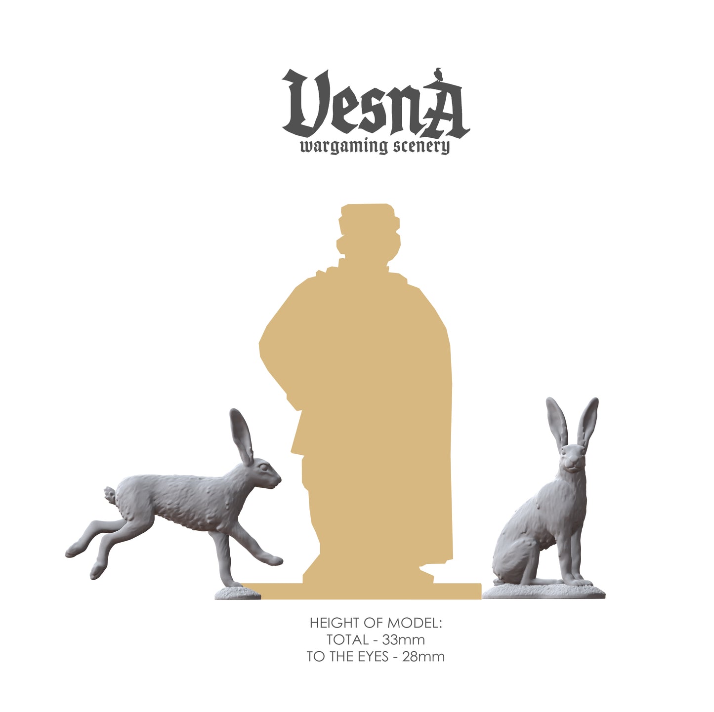 Size comparison showing the 33mm height of the hare miniatures next to a standard human silhouette.