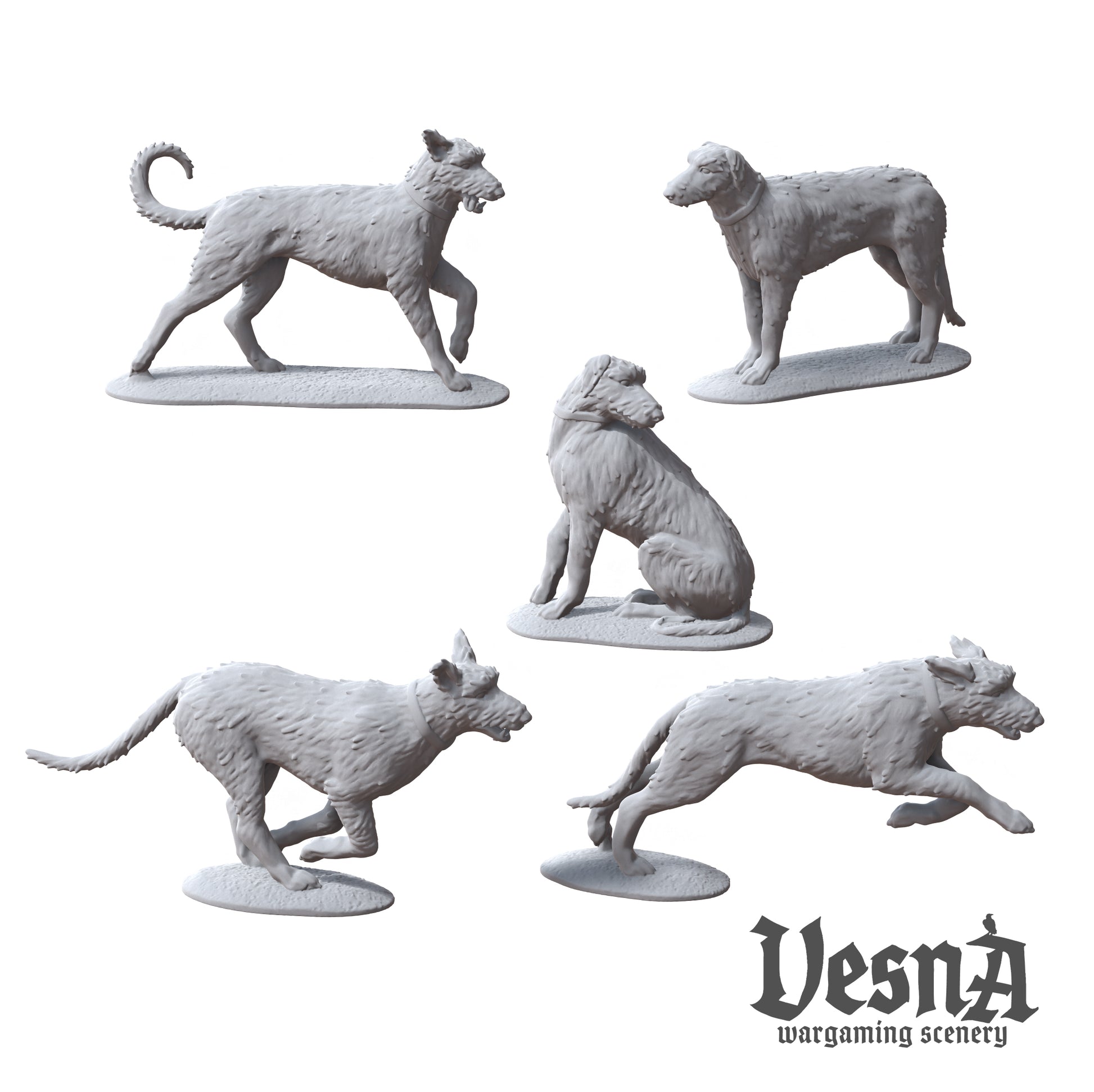 Five wolfhound resin miniatures in various poses sculpted by Vesna Sculpts.