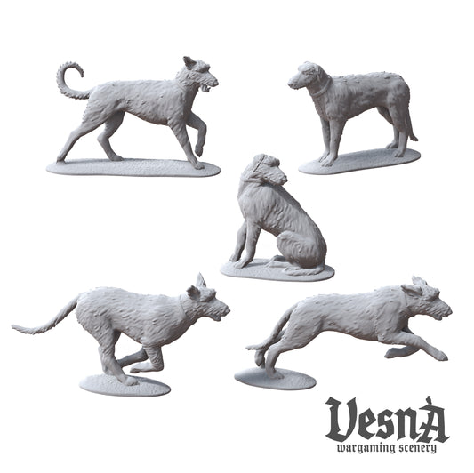 Five wolfhound resin miniatures in various poses sculpted by Vesna Sculpts.
