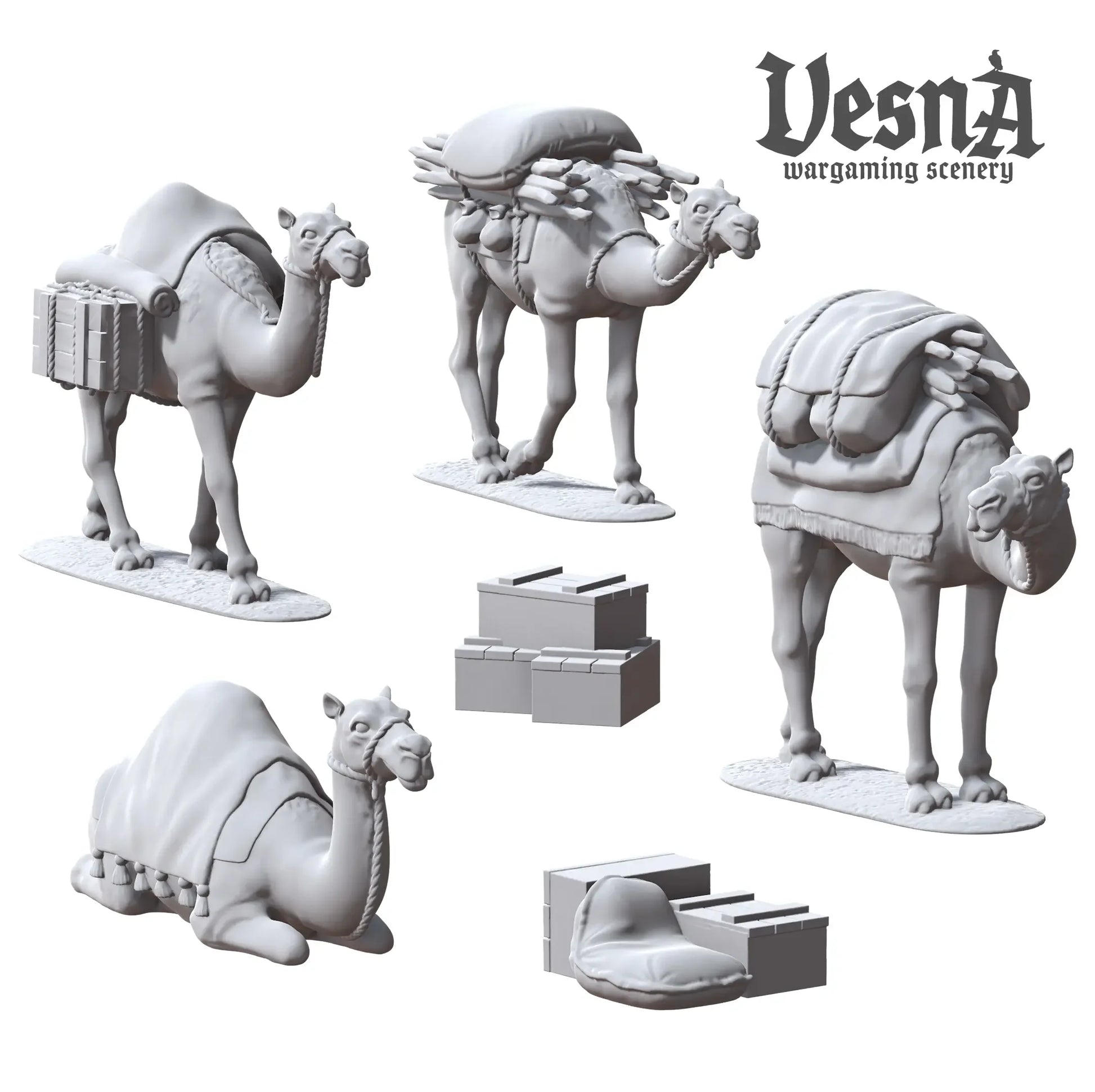 Resin packed camel miniatures with crates and bundles for caravan or desert TTRPG and wargaming terrain