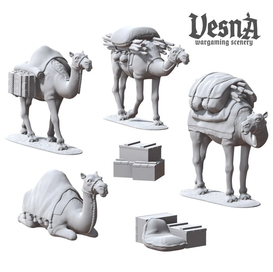 Resin packed camel miniatures with crates and bundles for caravan or desert TTRPG and wargaming terrain