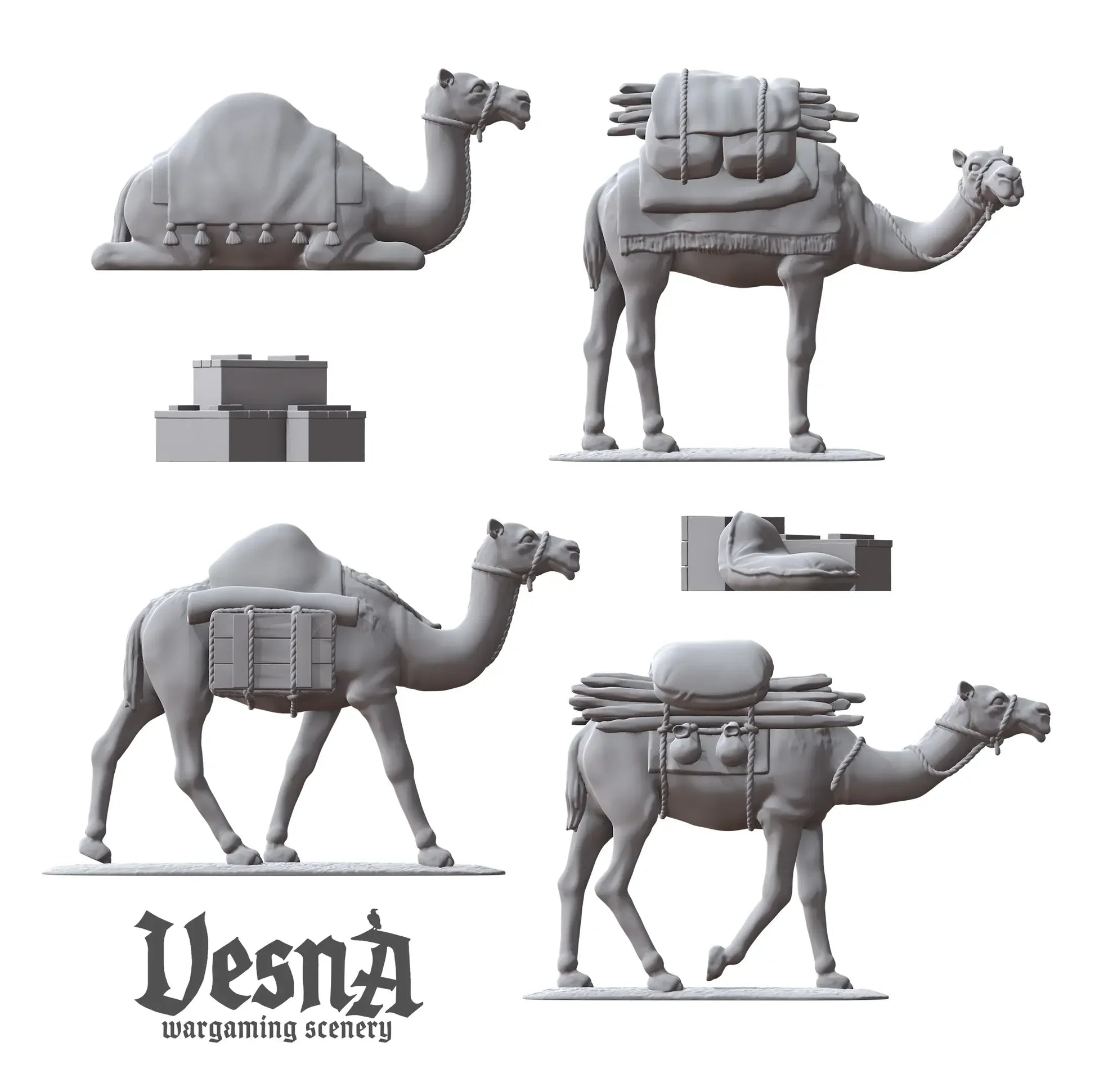 4 resin packed camel miniatures and 2 cargo piles in various poses, perfect for fantasy or historical tabletop gaming