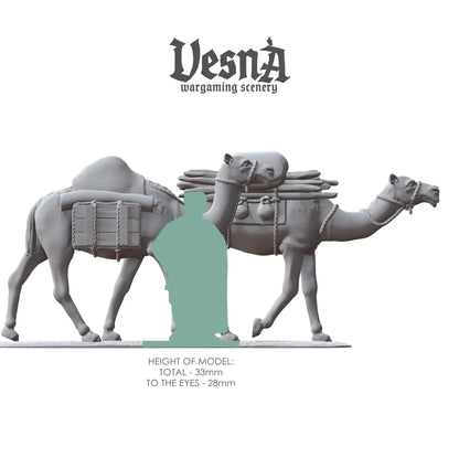 Size chart showing packed camel miniatures next to human figure, 33mm tall resin farm animals