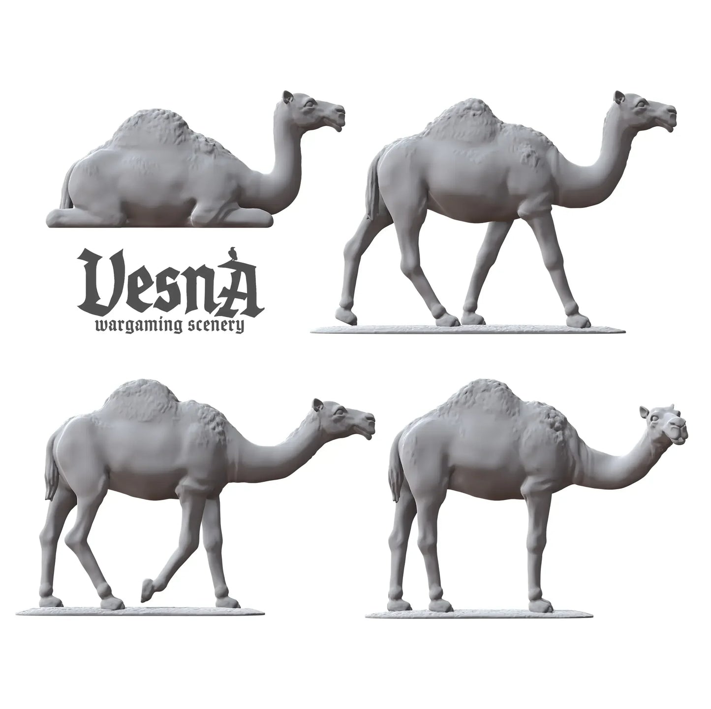 Four resin camel miniatures in side view poses, perfect for fantasy or historical wargaming setups