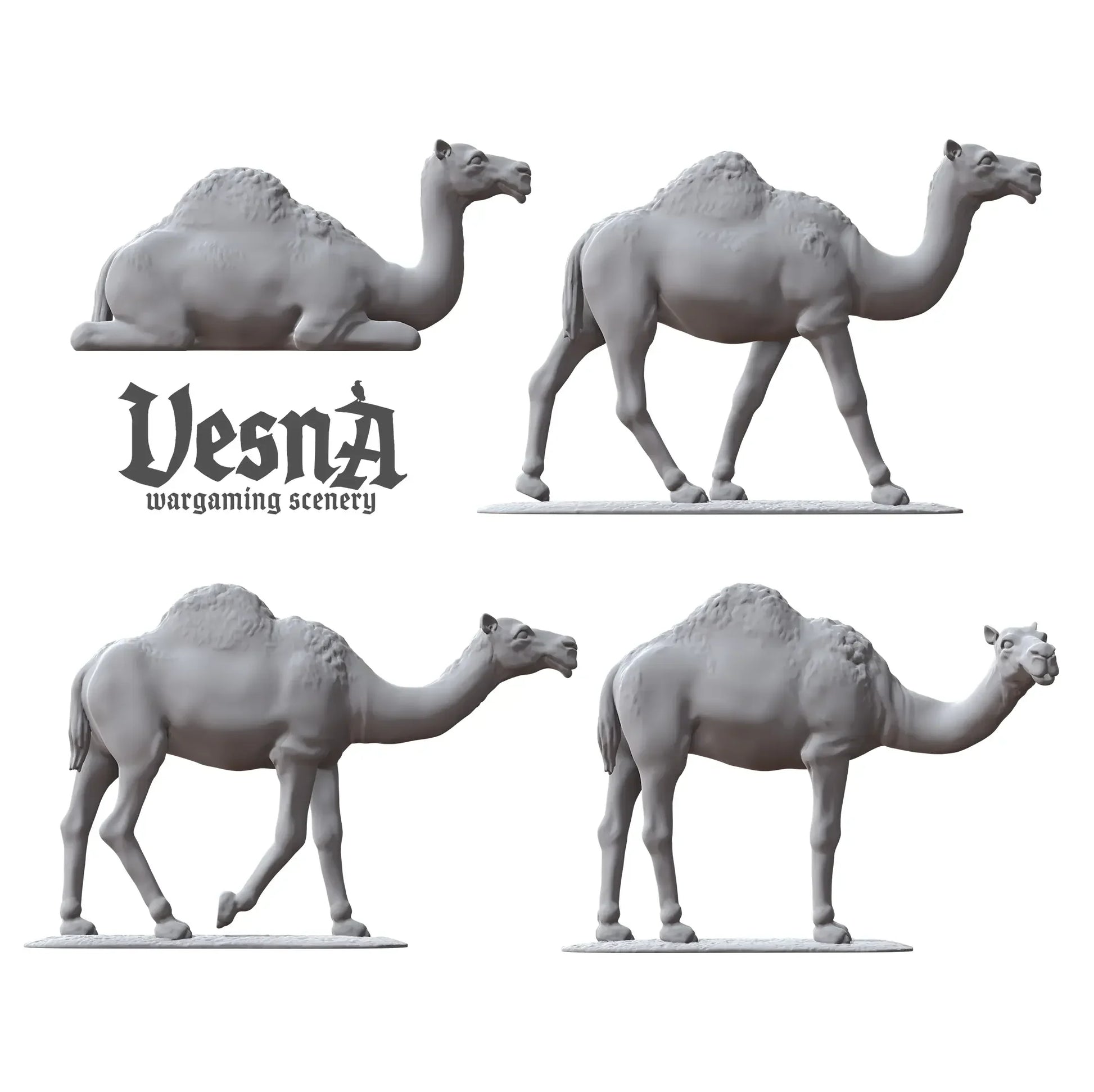Four resin camel miniatures in side view poses, perfect for fantasy or historical wargaming setups
