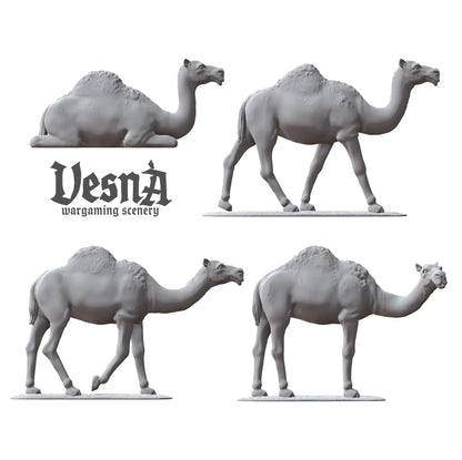 Four resin camel miniatures in side view poses, perfect for fantasy or historical wargaming setups