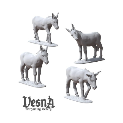 Resin donkey miniatures pack with multiple poses for farm or village TTRPG and wargaming terrain