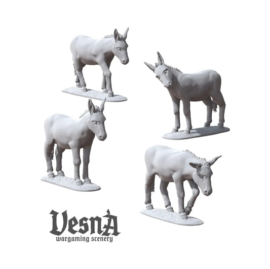 Resin donkey miniatures pack with multiple poses for farm or village TTRPG and wargaming terrain