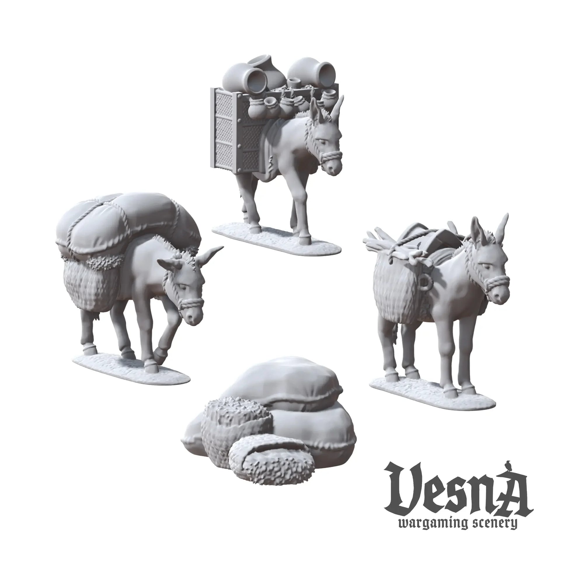Resin packed donkey miniatures with sacks and crates for caravan or market TTRPG and wargaming terrain