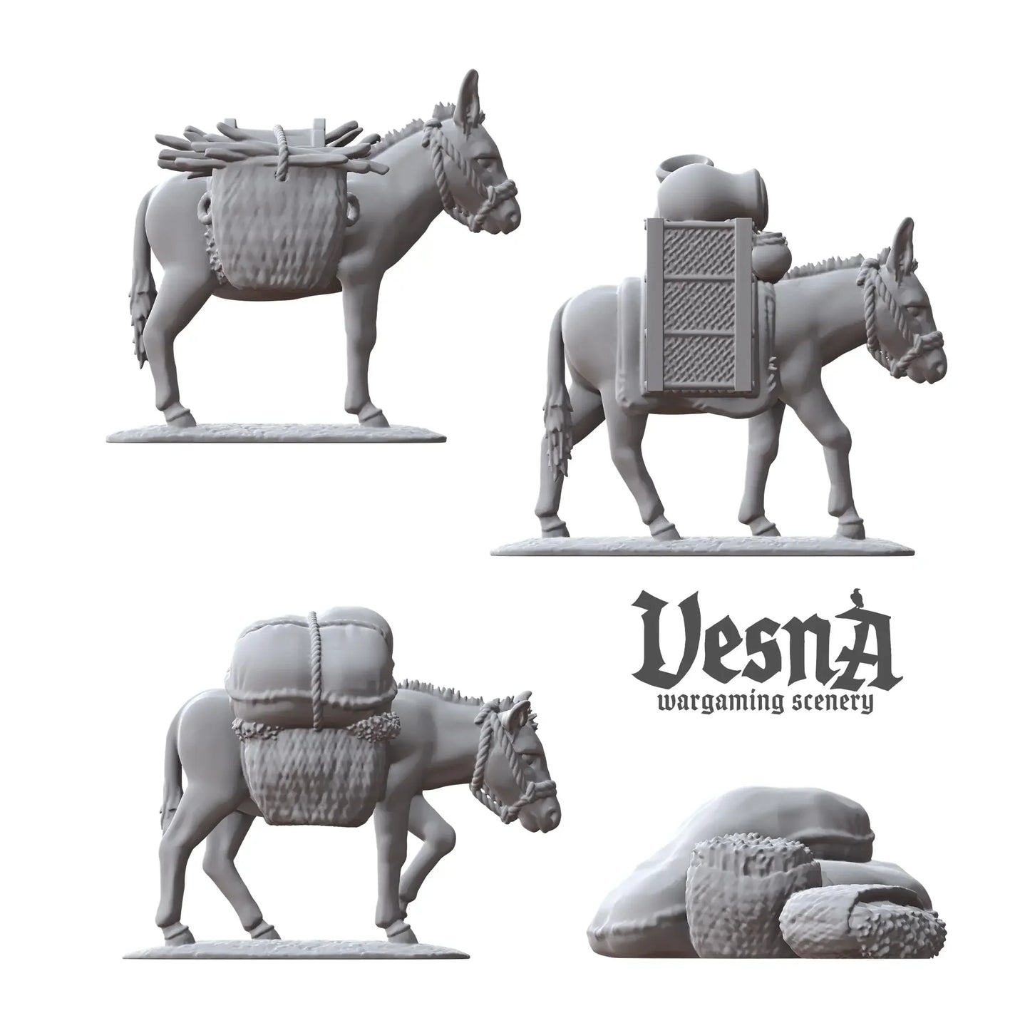 Three resin packed donkey miniatures plus separate cargo piles, perfect for fantasy or historical tabletop games