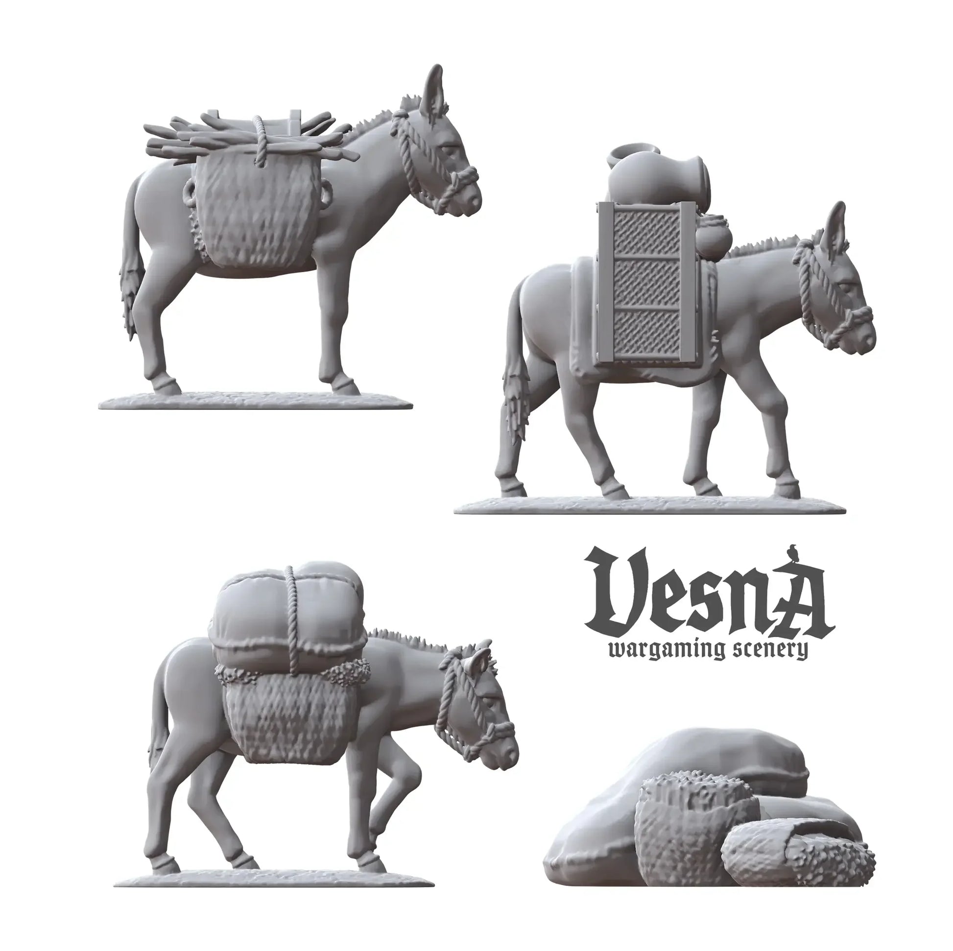 Three resin packed donkey miniatures plus separate cargo piles, perfect for fantasy or historical tabletop games