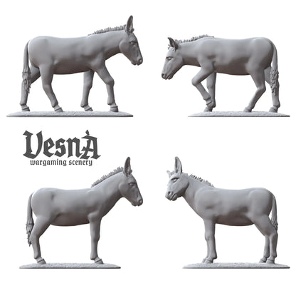 Four resin donkey miniatures in side view poses, perfect for fantasy or historical wargaming setups