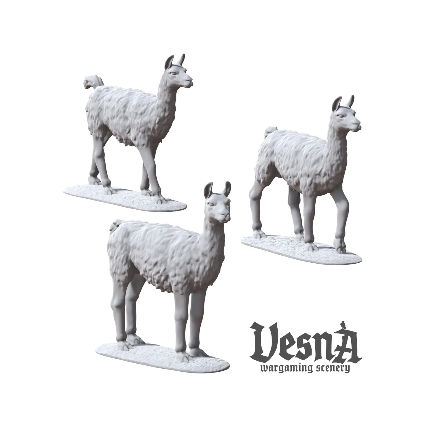Three resin llama miniatures pack with multiple poses for farm or market TTRPG and wargaming terrain