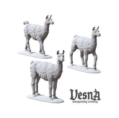 Three resin llama miniatures pack with multiple poses for farm or market TTRPG and wargaming terrain