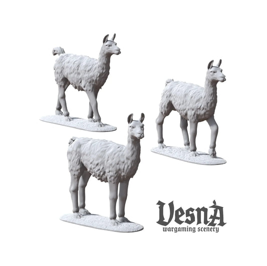 Three resin llama miniatures pack with multiple poses for farm or market TTRPG and wargaming terrain